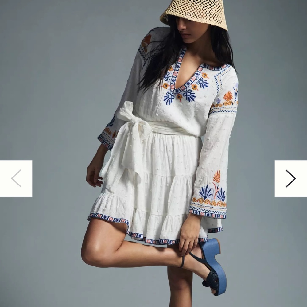 Anthropologie Embroidered White Dress with Blue and Orange Accents Size XS